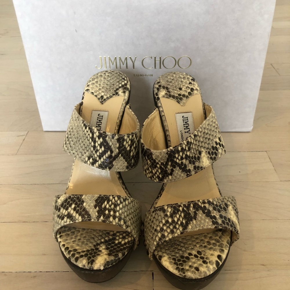 Jimmy Choo Snakeskin Wooden Mule Sandals